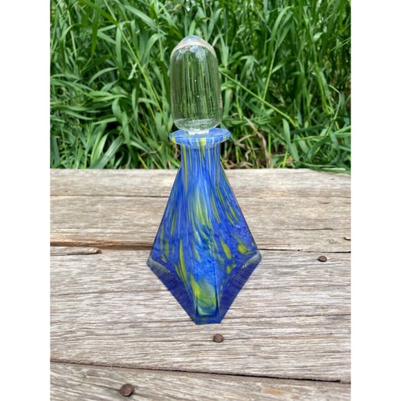 Vintage 1960s MCM Art Glass Petite Decanter Blue Yellow Swirl - Picture 4 of 16